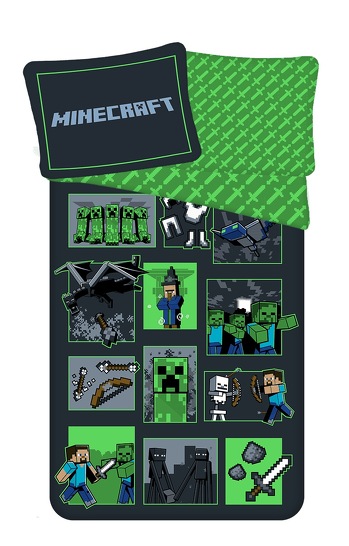 Povlečení Minecraft Survival Mode 140x200, 70x90 cm šedá-zelená