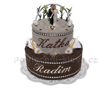 Textilní dort svatební se jmény 2patrový béžová-hnědá